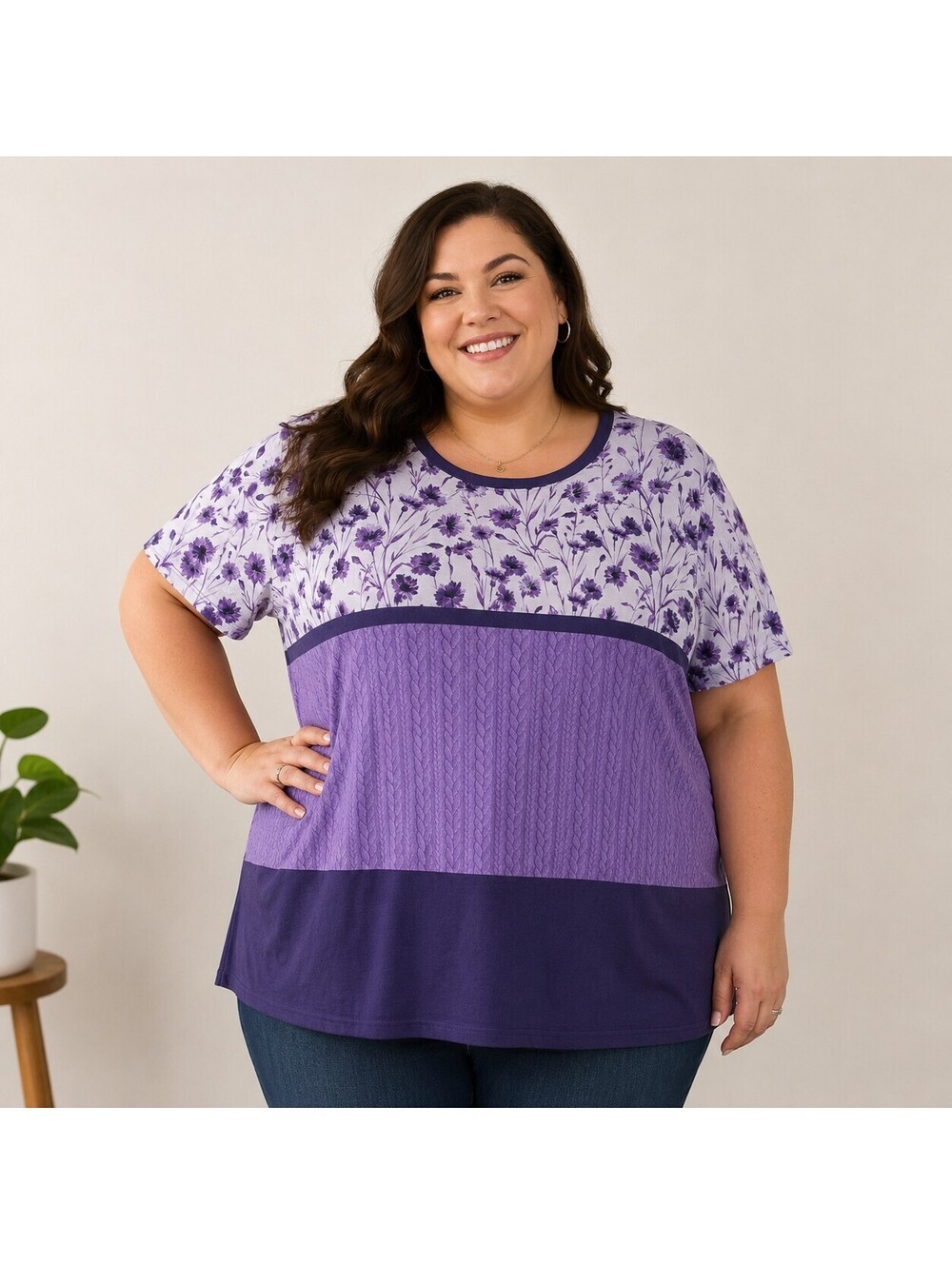 Plus Size Purple Floral and Knit Pattern Short Sleeve Top